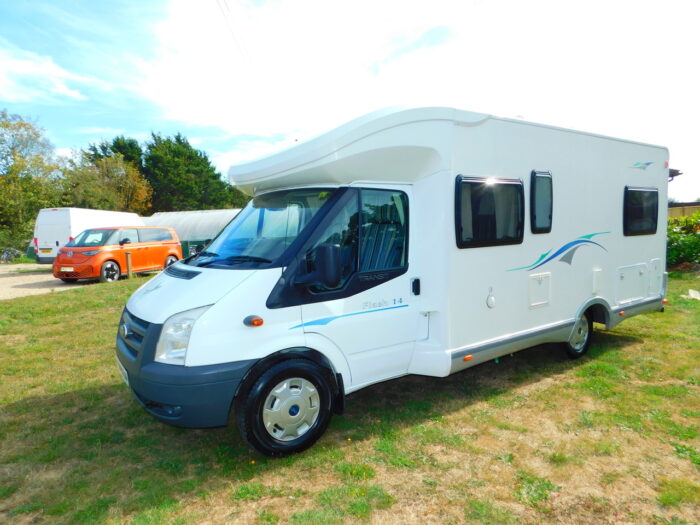 Chausson Flash 14 2012 Ford 2.2 Ddci. 3 to 4 Berth with 4 x 3Point Seat Belts and Only 26,000 miles from New Complete with Cab AIR CONDITIONING, Roof Mounted Solar Panel, Large Roll Out Awning and Bike Rack Deposit Taken